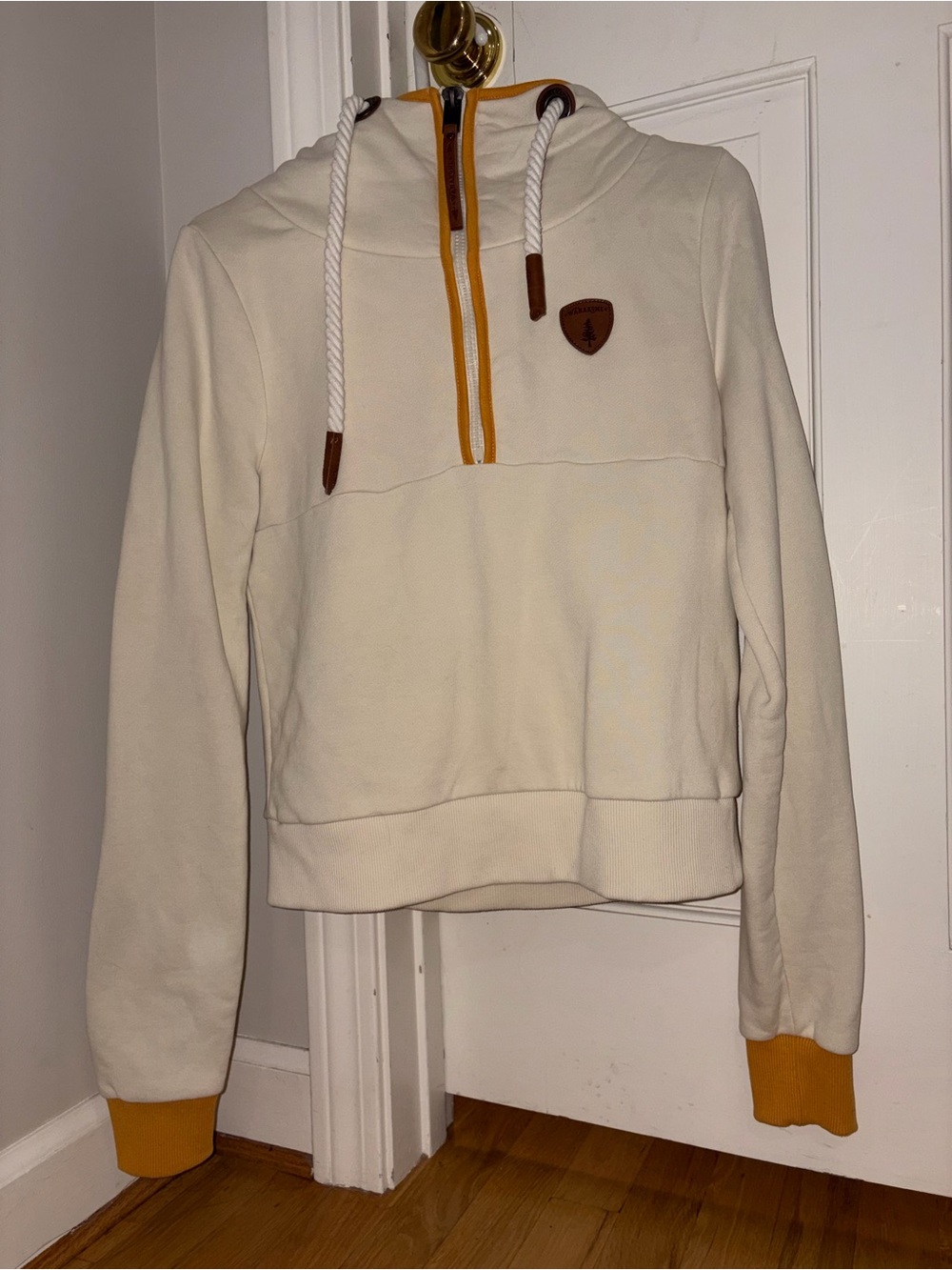 Wanakome Cream Hoodie Sweater with Mustard Trim